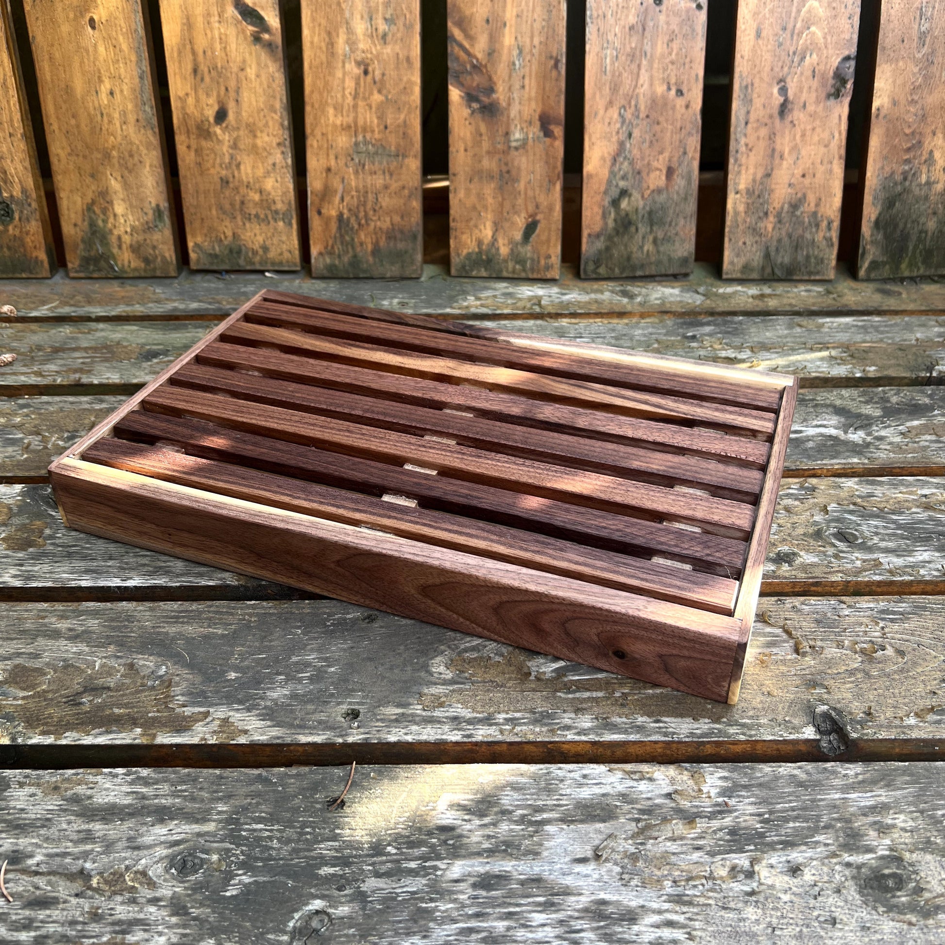 Wooden tray on a wooden surface